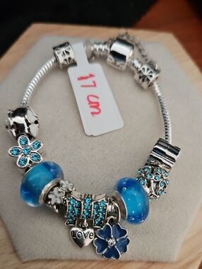 Silver Blue Floral Charm Bracelet - Love Heart Charm